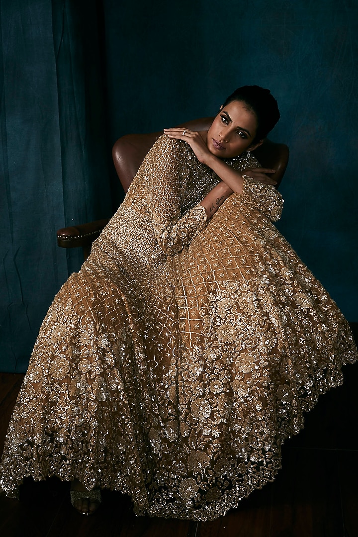 Gold Embroidered Bridal Gown With Dupatta by Seema Gujral at Pernia's Pop Up Shop