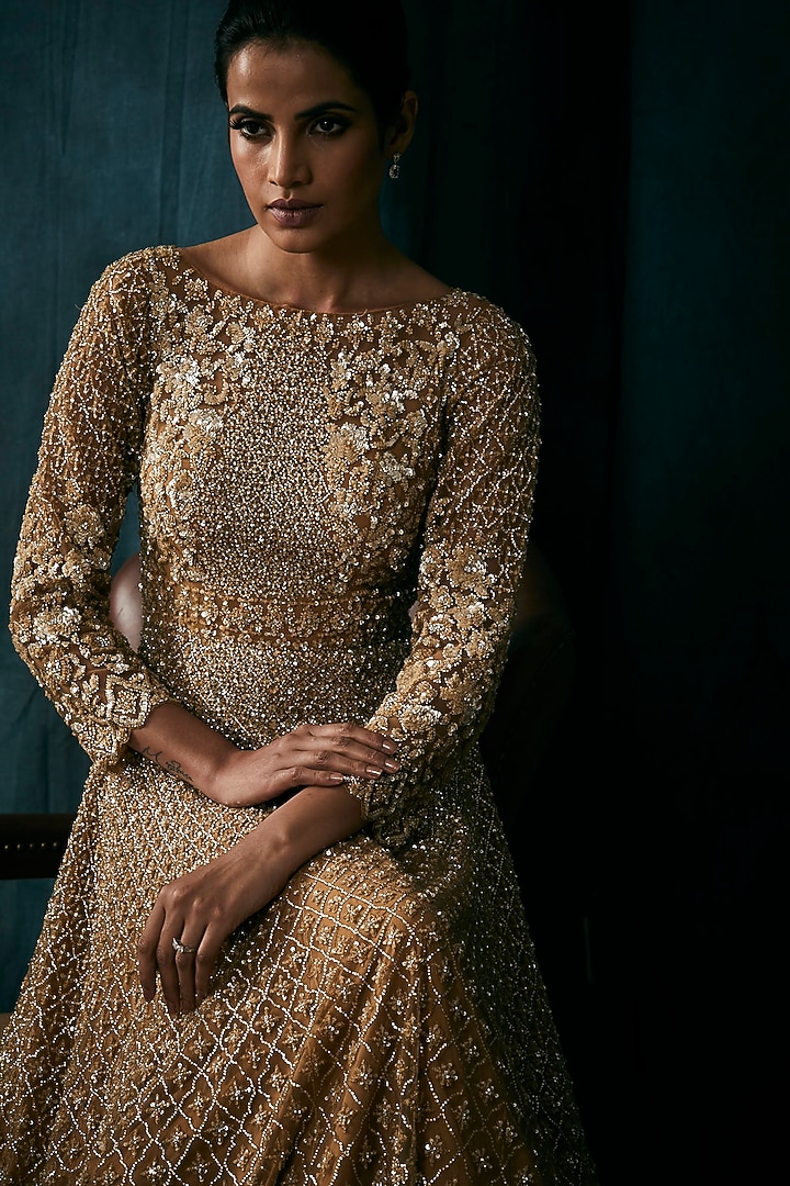 Gold Embroidered Bridal Gown With Dupatta by Seema Gujral at Pernia's Pop Up Shop