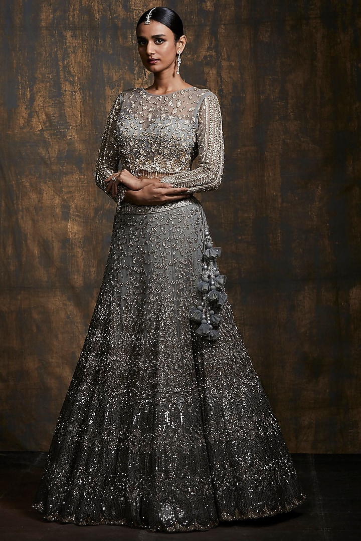 Grey Embroidered Lehenga Set Design by Seema Gujral at Pernia's Pop Up