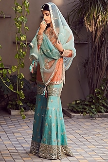 Peach & Mint Green Embroidered Gharara Set by Seema Gujral-COLOR BLOCKING