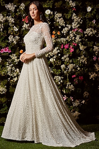White Sequins Embroidered Gown by Seema Gujral