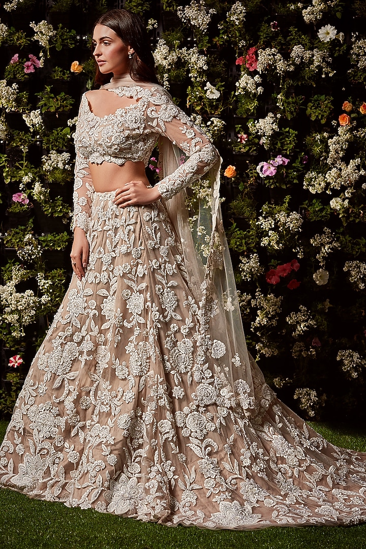 Beige Chikankari Embroidered Bridal Lehenga Set by Seema Gujral at Pernia's Pop Up Shop