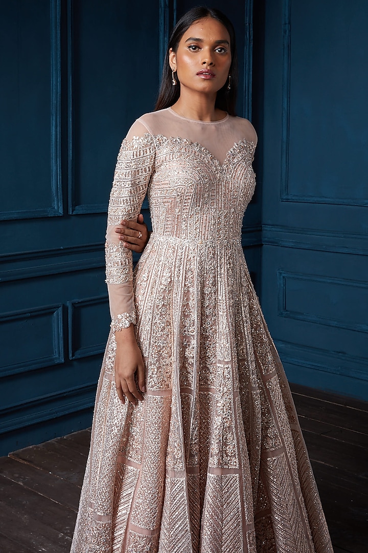 Copper Embroidered Gown With Dupatta by Seema Gujral