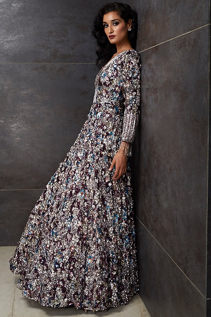 Multi Colored Embroidered Bridal Gown With Dupatta by Seema Gujral at Pernia's Pop Up Shop