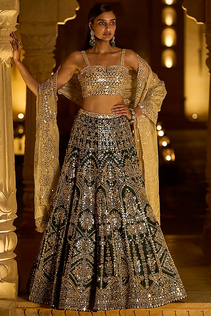 Bottle Green & Gold Mirror Embroidered Lehenga Set by Seema Gujral