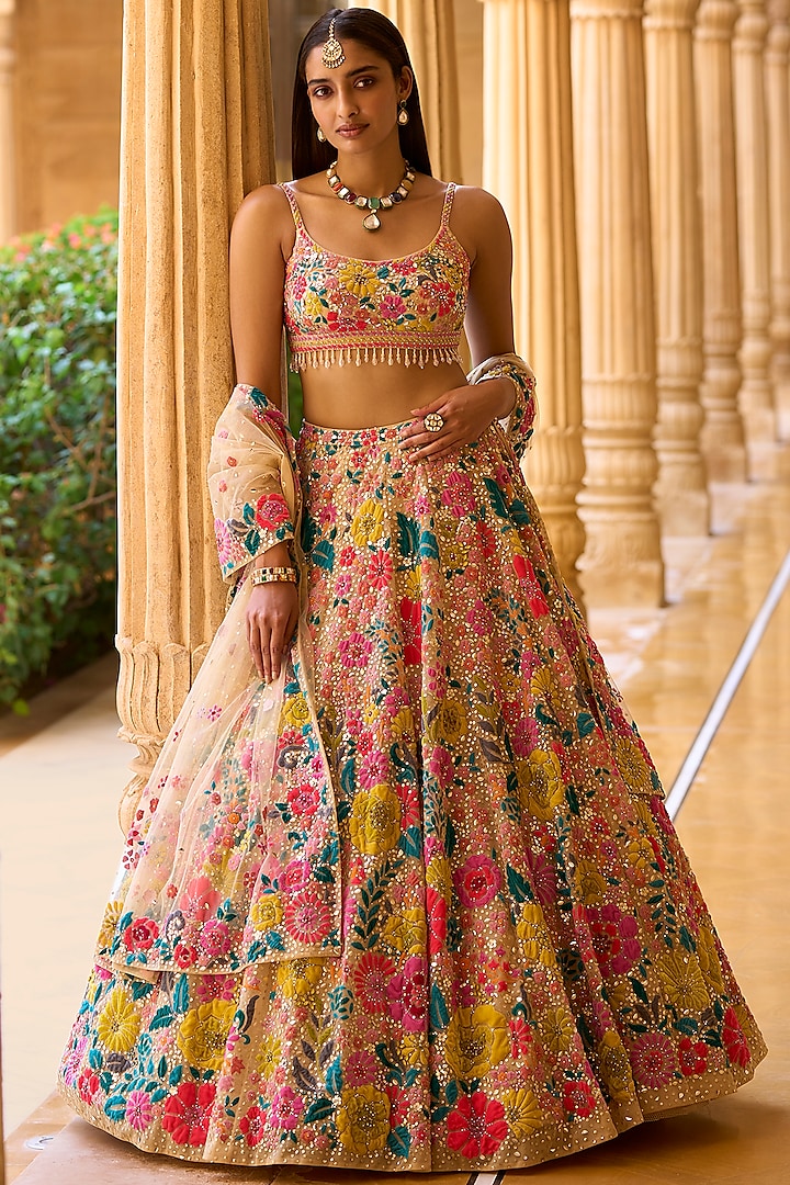 Multi-Colored Floral Embroidered Lehenga Set by Seema Gujral