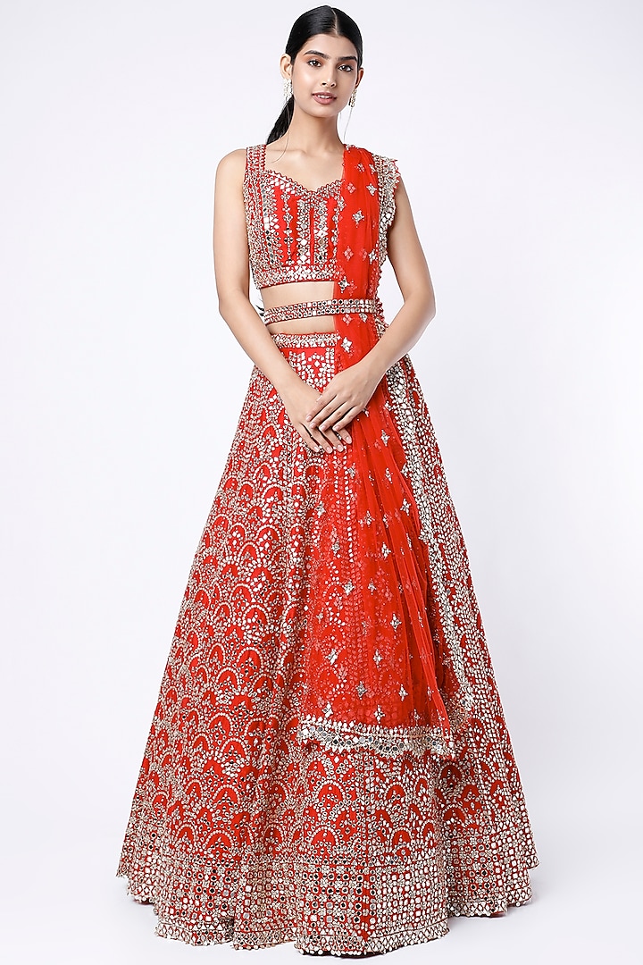 Red Mirror Embroidered Lehenga Set by Seema Gujral