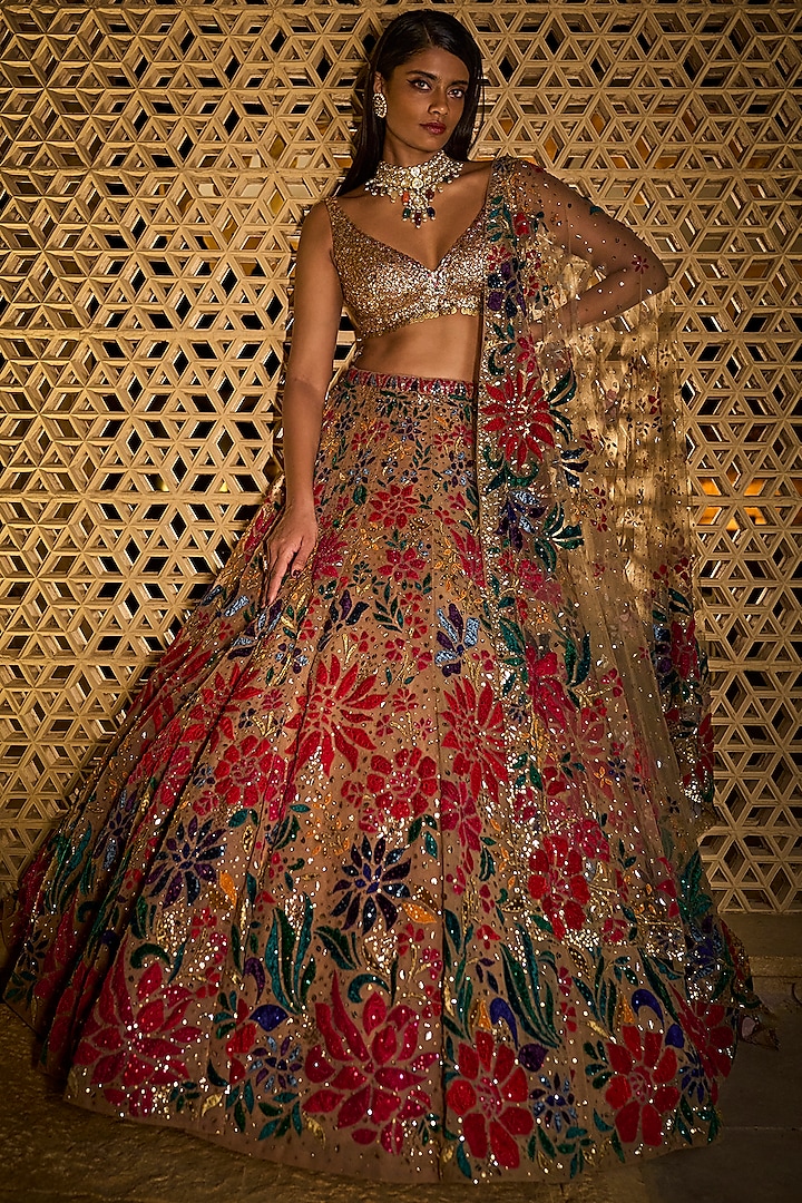 Multi-Colored Embroidered Floral Lehenga Set by Seema Gujral