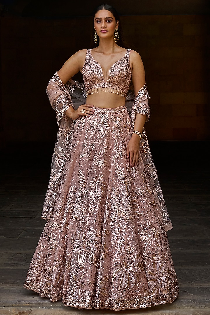 Rose Gold Embroidered Lehenga Set by Seema Gujral