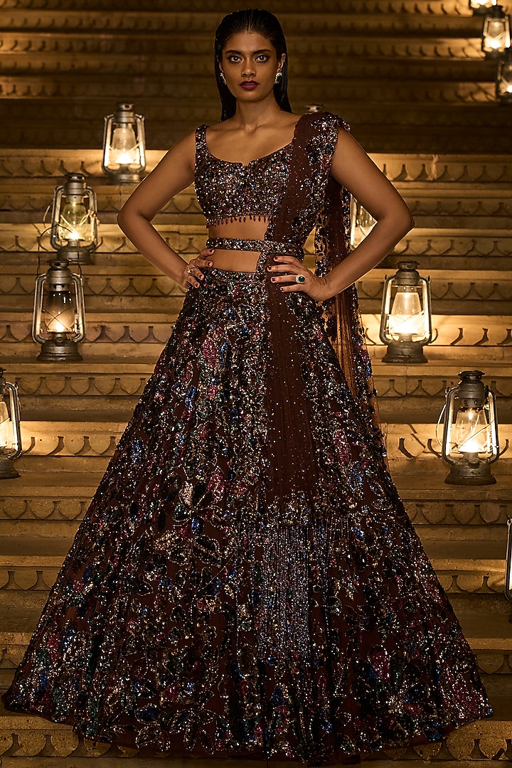 Chocolate Brown Embroidered Lehenga Set by Seema Gujral