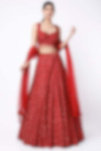 Red Embroidered Lehenga Set by Seema Gujral