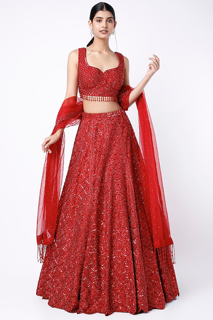 Red Embroidered Lehenga Set by Seema Gujral