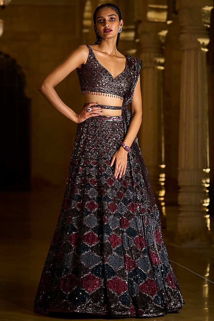 Brunette Red Embroidered & Printed Lehenga Set by Seema Gujral