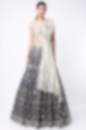 Navy Blue Mirror Embroidered Lehenga Set by Seema Gujral