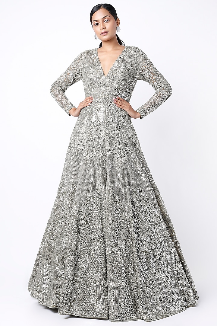 Silver Sequins Embroidered Gown by Seema Gujral