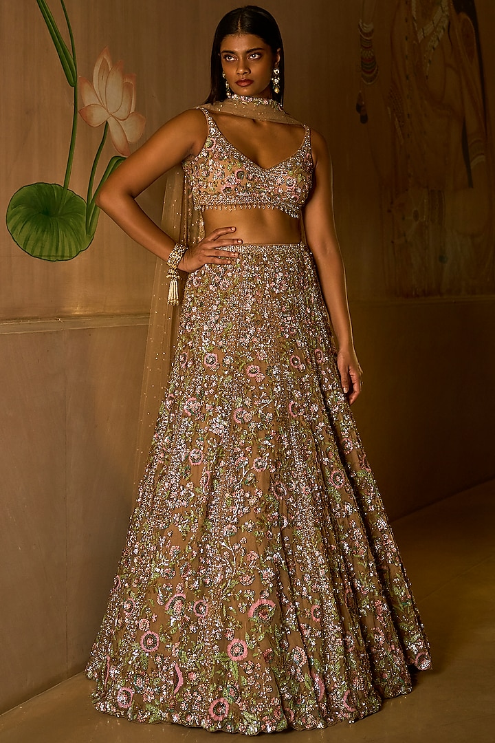 Light Coffee 3D Floral Embroidered Lehenga Set by Seema Gujral