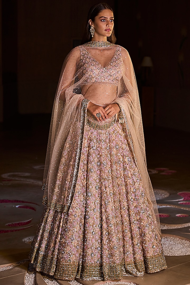 Peach Sequins Embroidered Lehenga Set by Seema Gujral