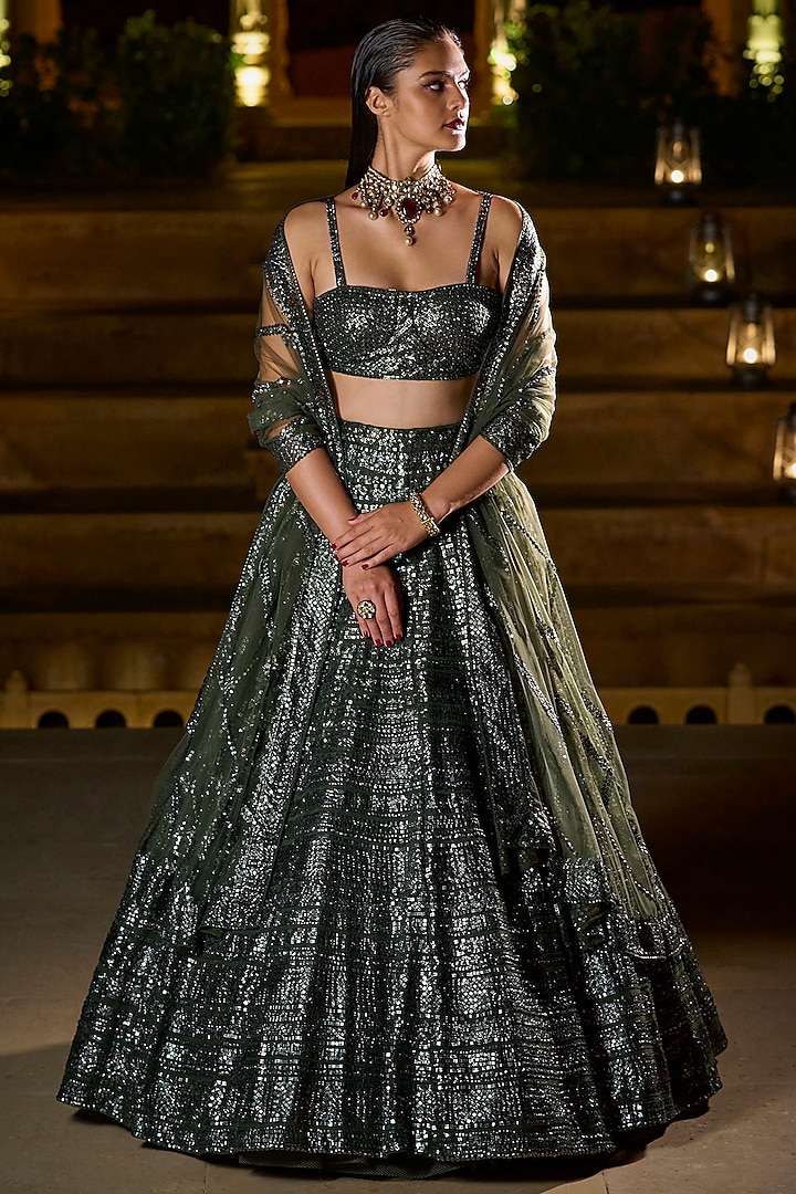 Olive Green Sequins Embroidered Lehenga Set by Seema Gujral