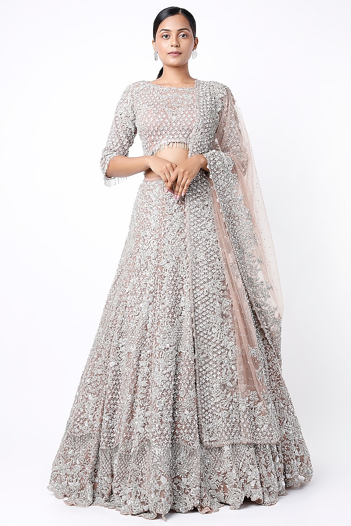 Peach & Silver Sequins Embroidered Lehenga Set by Seema Gujral