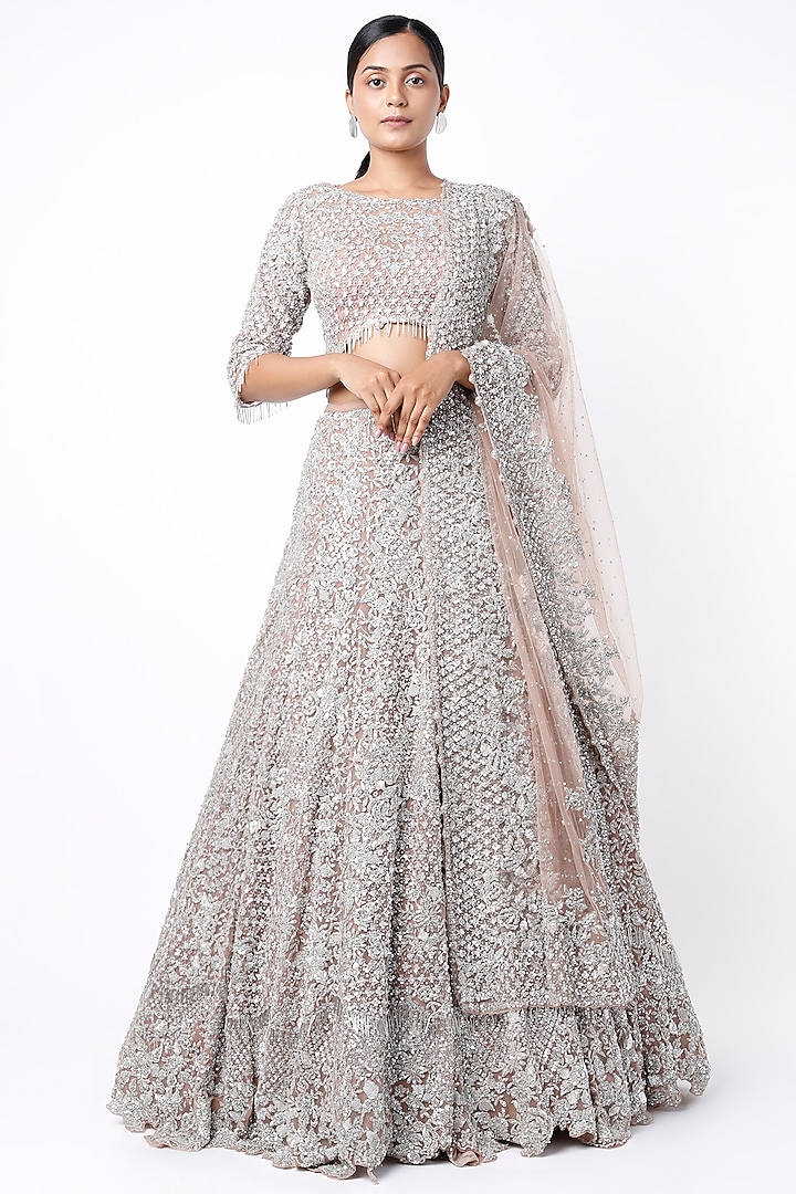 Peach & Silver Sequins Embroidered Bridal Lehenga Set by Seema Gujral at Pernia's Pop Up Shop