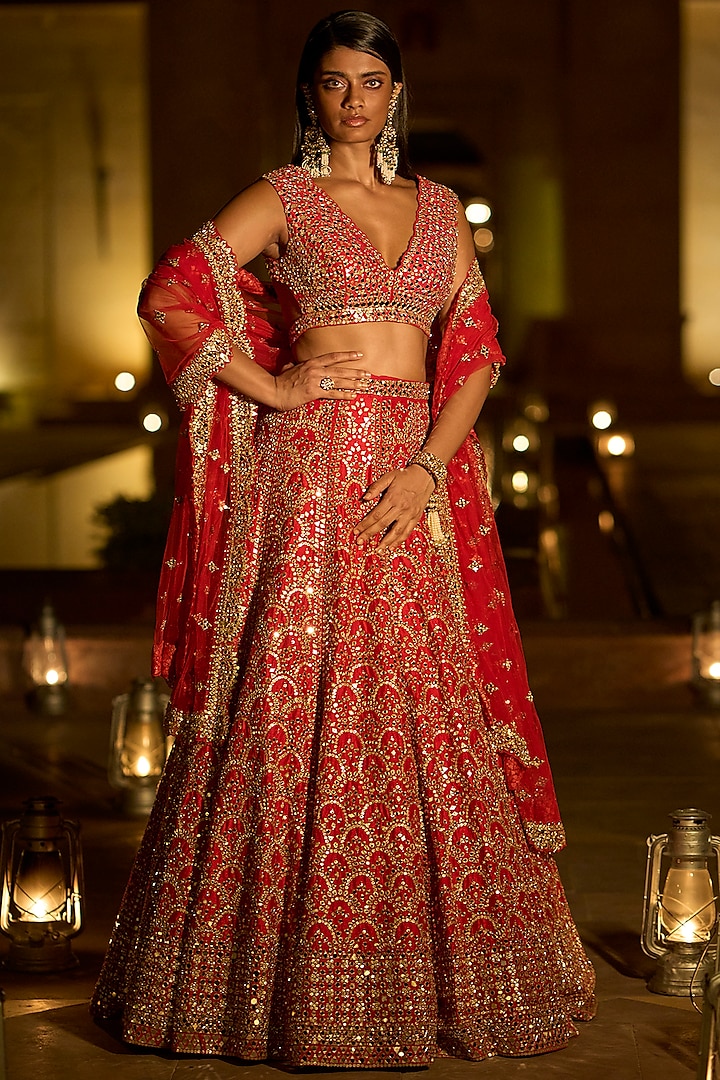 Red Lehenga Set With Mirror Work by Seema Gujral