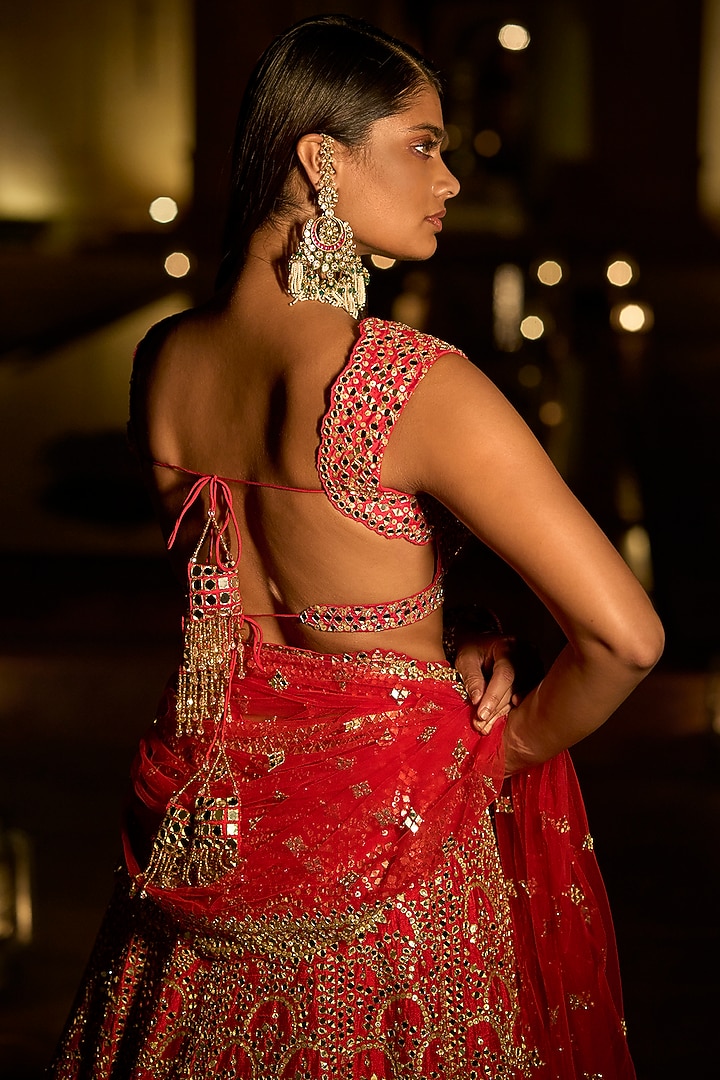 Red Bridal Lehenga Set With Mirror Work by Seema Gujral at Pernia's Pop Up Shop