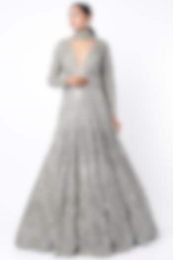 Silver Embroidered Gown With Dupatta by Seema Gujral