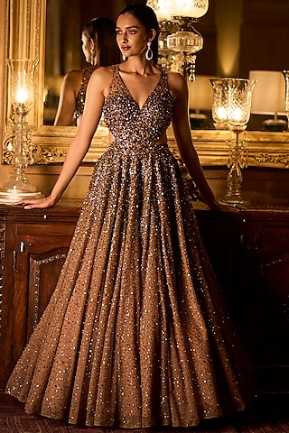 Coffee Brown Sequins Embroidered Gown by Seema Gujral