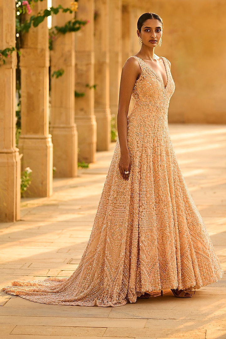 Peach Pearl Embroidered Gown by Seema Gujral