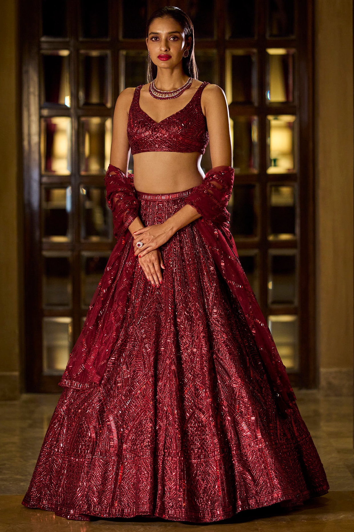 Buy - Parvaaz dark maroon lehenga set | Elan Store