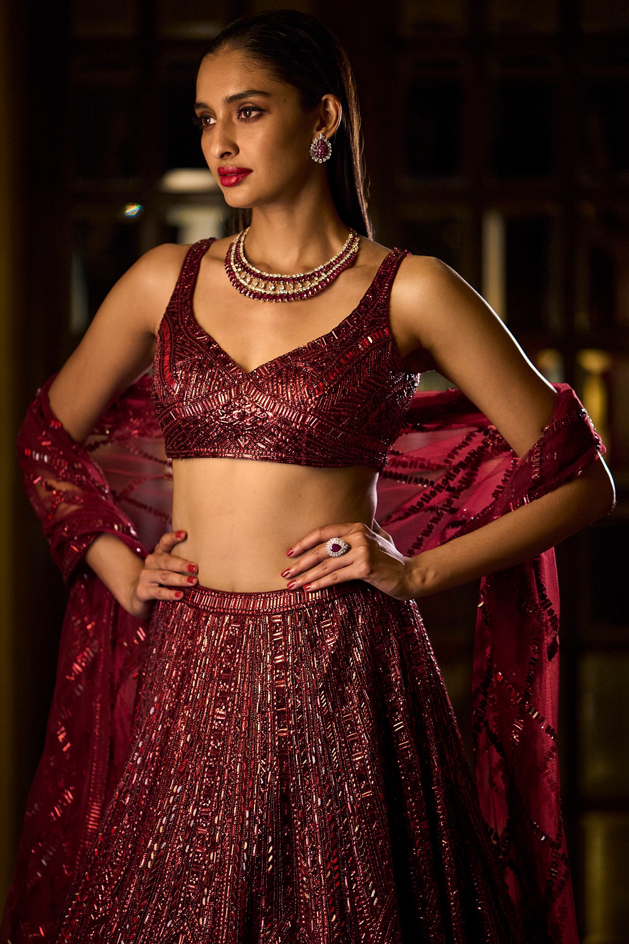 Deep Maroon Sequins Embroidered Lehenga Set Design by Seema Gujral at  Pernia's Pop Up Shop 2024