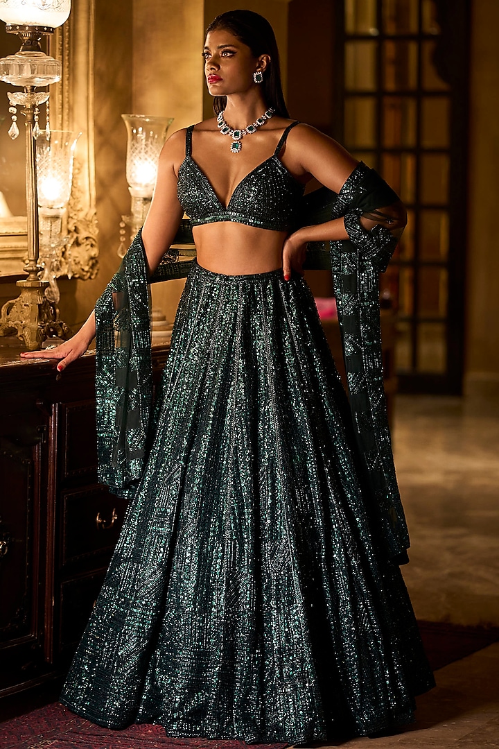 Emerald Green Sequins Embroidered Lehenga Set by Seema Gujral