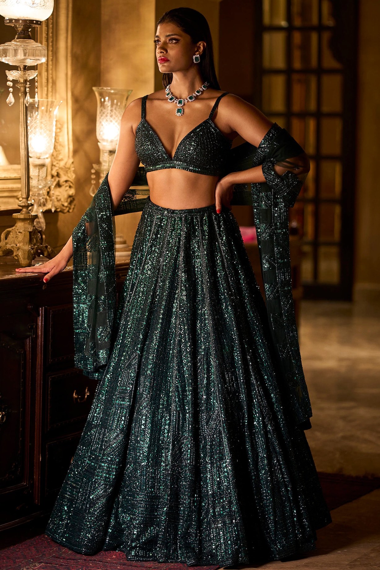 Emerald Green Sequins Embroidered Lehenga Set Design by Seema