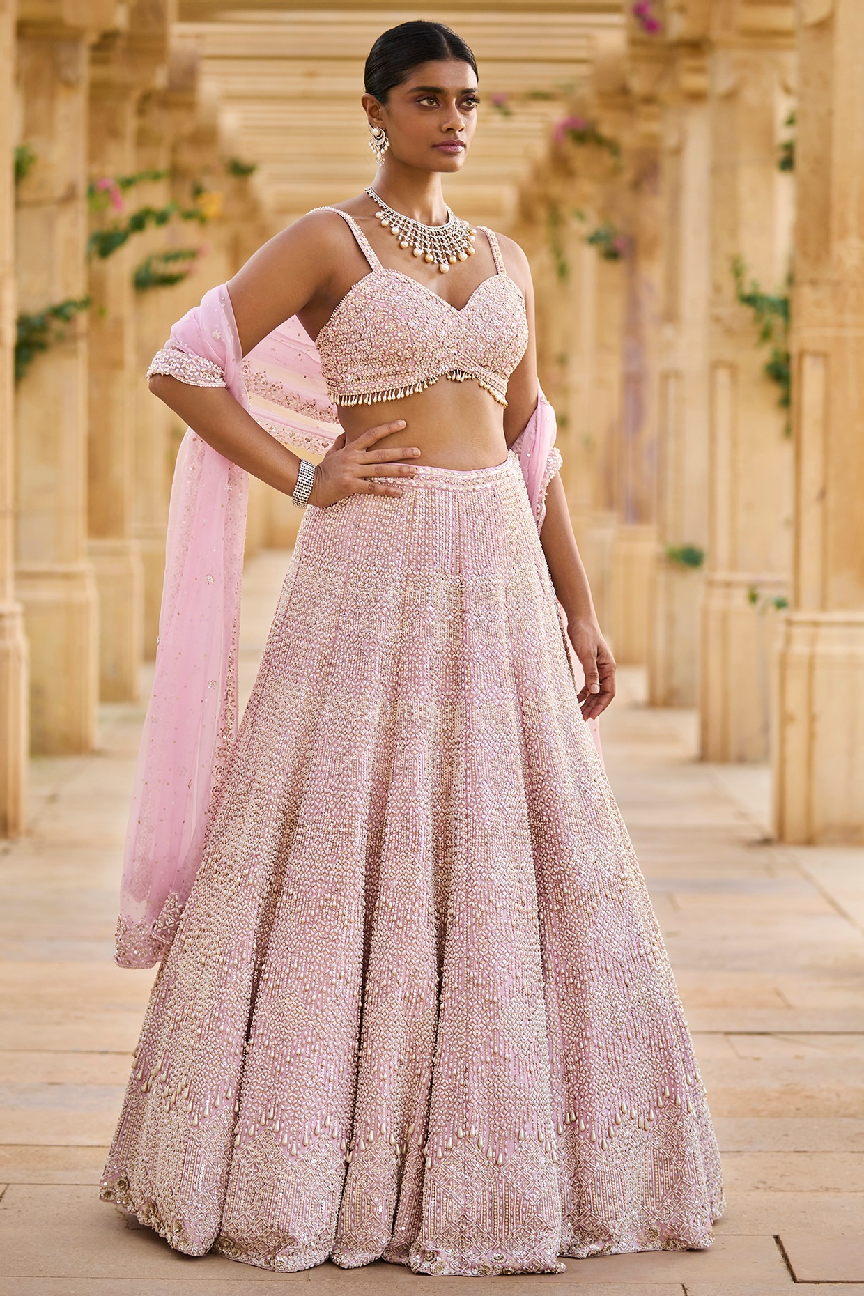 Beige Chandelier Pearl Work Lehenga Set With Dupatta - Vvani By Vani Vats-  Fabilicious Fashion