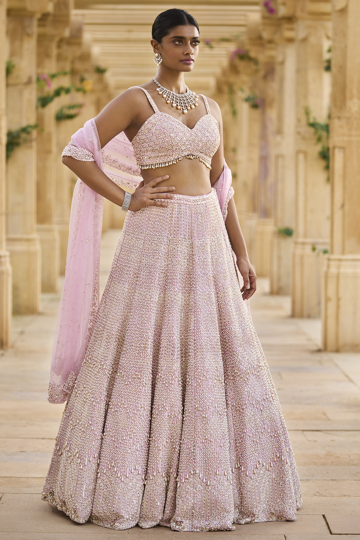 Mauve Lehenga Set With Pearl Work by Seema Gujral