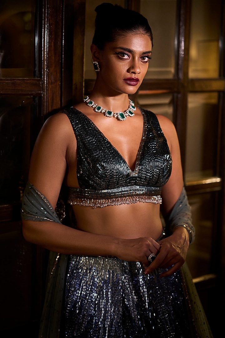 Multi-Colored Metallic Bridal Lehenga Set by Seema Gujral at Pernia's Pop Up Shop