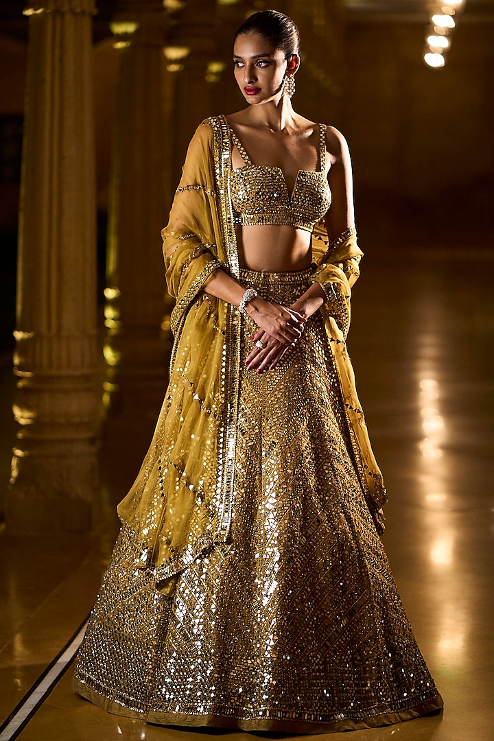 Olive Green Lehenga Set With Mirror Work by Seema Gujral