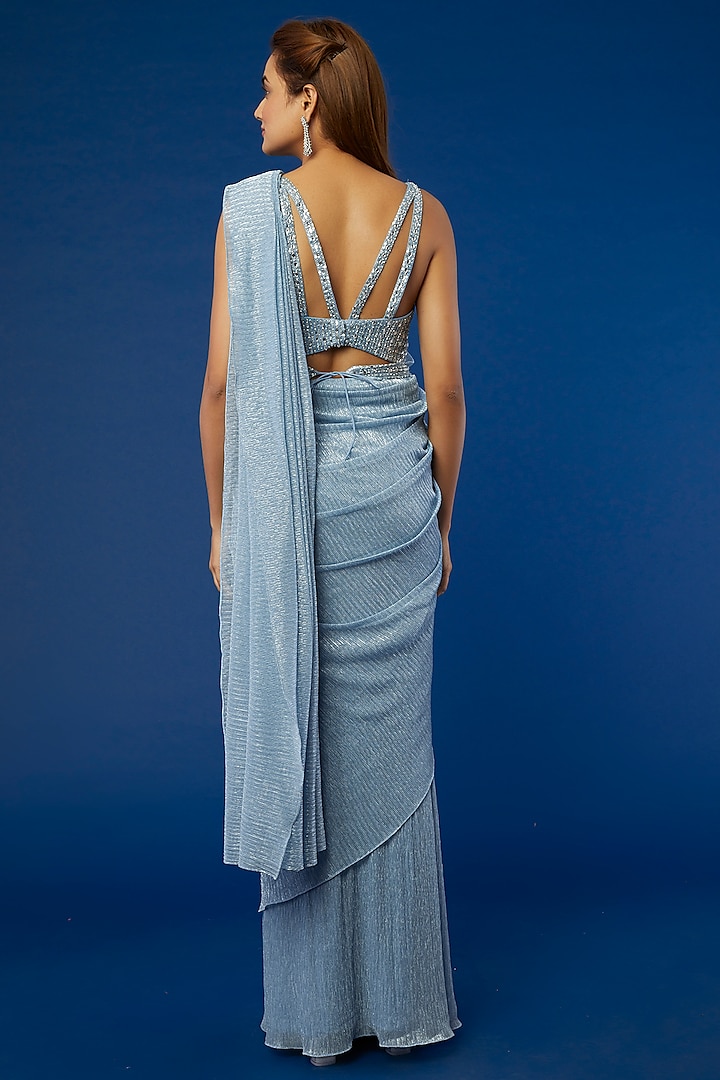 Sky Blue Crinkled Lurex Pre-Draped Reception Saree Set by Seema Gujral at Pernia's Pop Up Shop