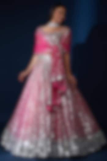 Fuchsia Net Mirror Embroidered Bridal Lehenga Set by Seema Gujral at Pernia's Pop Up Shop