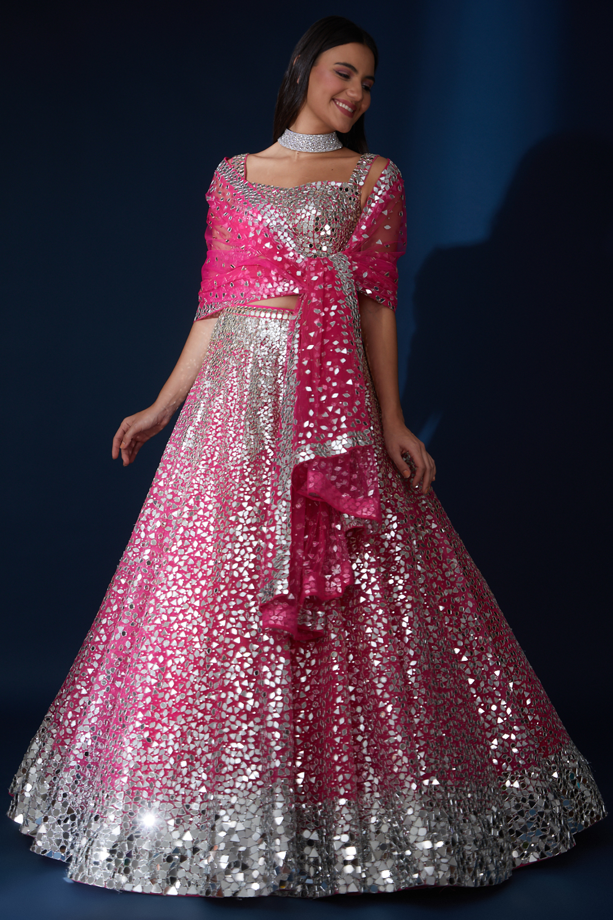 Fuchsia Net Mirror Embroidered Bridal Lehenga Set by Seema Gujral at Pernia's Pop Up Shop