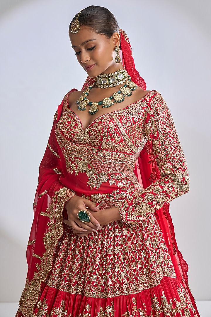 Red Georgette Gota Patti Embroidered Tiered Bridal Lehenga Set by Seema Gujral at Pernia's Pop Up Shop