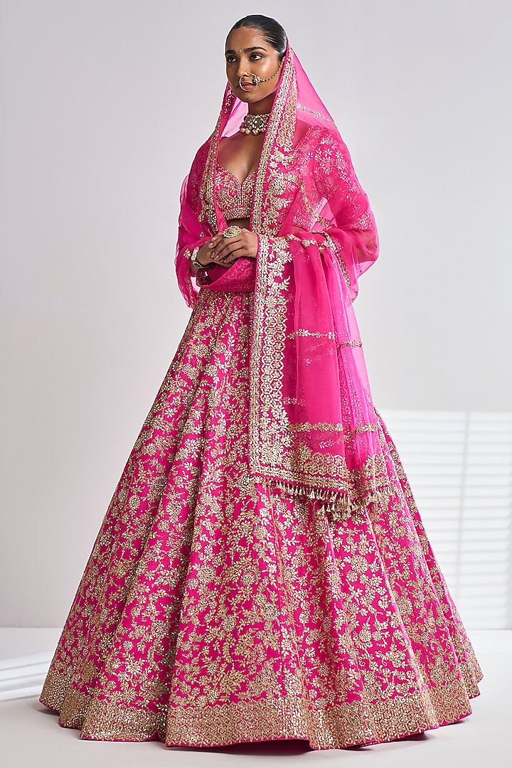 Pink Raw Silk Gota Patti Embroidered Bridal Lehenga Set by Seema Gujral at Pernia's Pop Up Shop