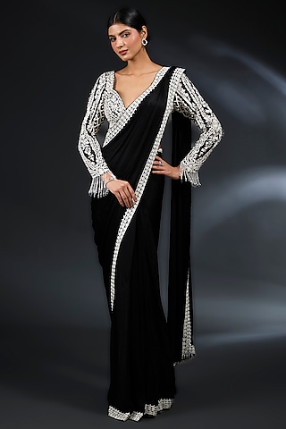 Black Georgette Sequins Embroidered Pre-Draped Saree Set by Seema Gujral