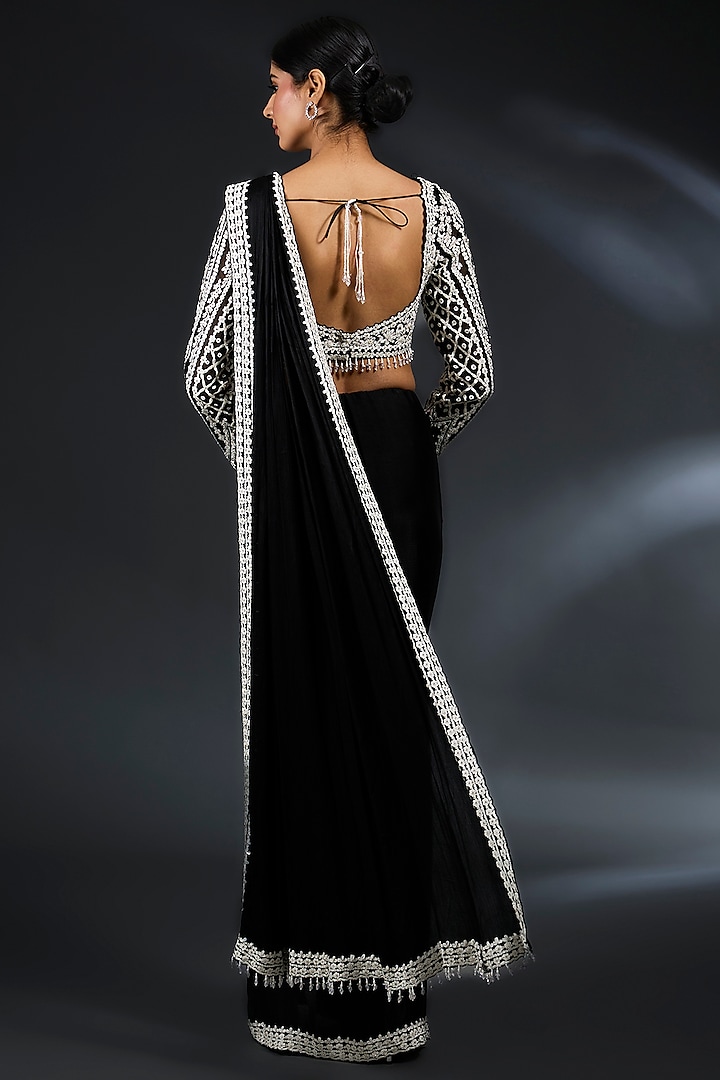 Black Georgette Sequins Embroidered Pre-Draped Reception Saree Set by Seema Gujral at Pernia's Pop Up Shop