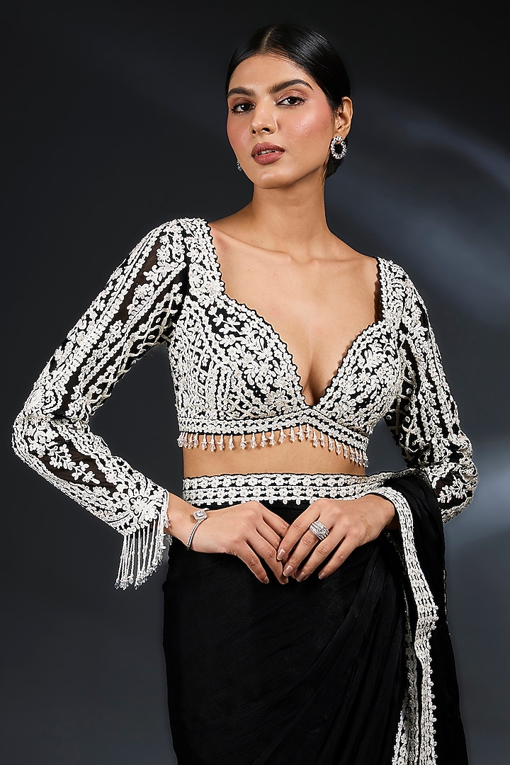 Black Georgette Sequins Embroidered Pre-Draped Reception Saree Set by Seema Gujral at Pernia's Pop Up Shop