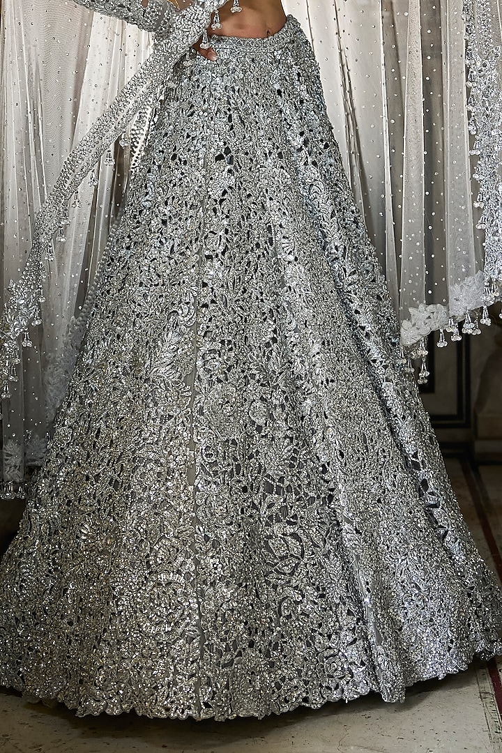 Silver Net Heavy Cut-Work Embroidered Bridal Lehenga Set by Seema Gujral at Pernia's Pop Up Shop