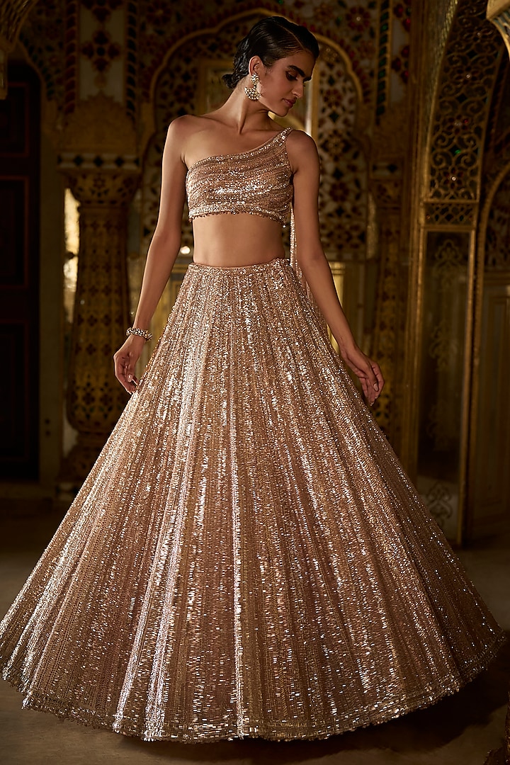 Rose Gold Net Sequins Embellished Bridal Lehenga Set by Seema Gujral at Pernia's Pop Up Shop