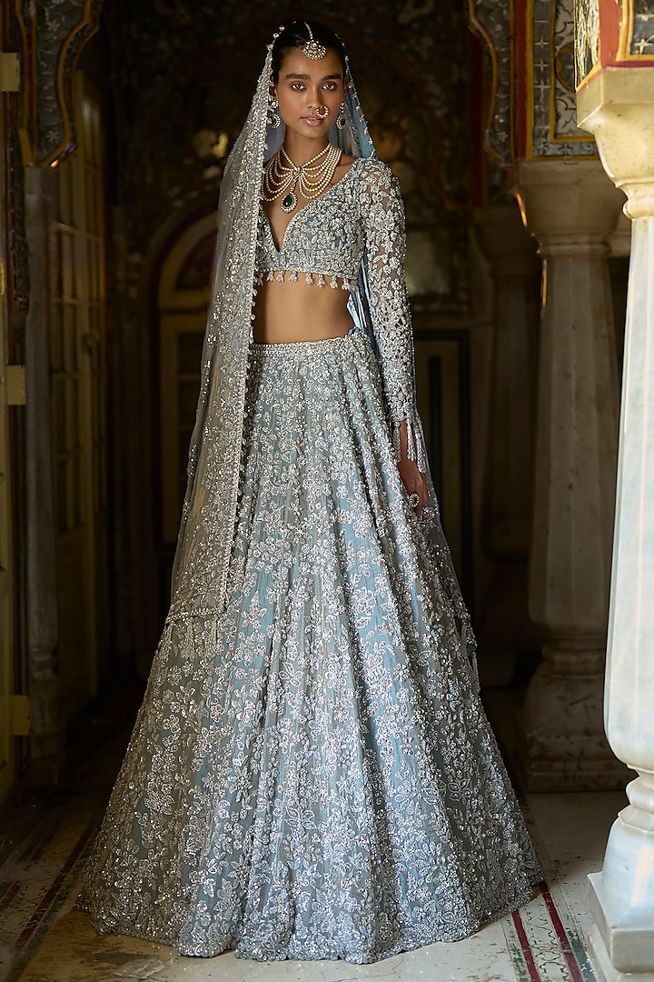 Ice Blue Tissue Silk Sequins Embroidered Bridal Lehenga Set by Seema Gujral at Pernia's Pop Up Shop