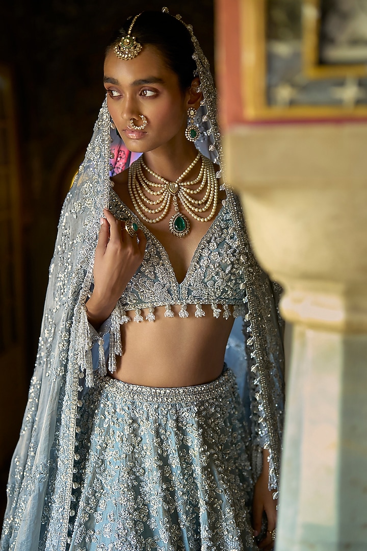 Ice Blue Tissue Silk Sequins Embroidered Bridal Lehenga Set by Seema Gujral at Pernia's Pop Up Shop