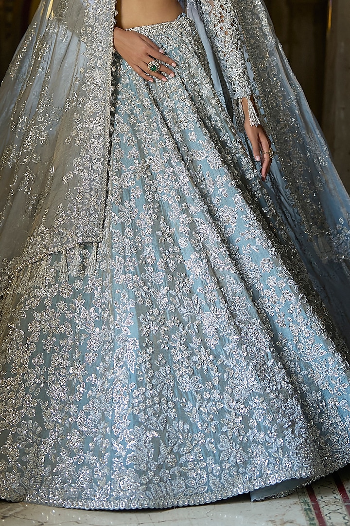 Ice Blue Tissue Silk Sequins Embroidered Bridal Lehenga Set by Seema Gujral at Pernia's Pop Up Shop